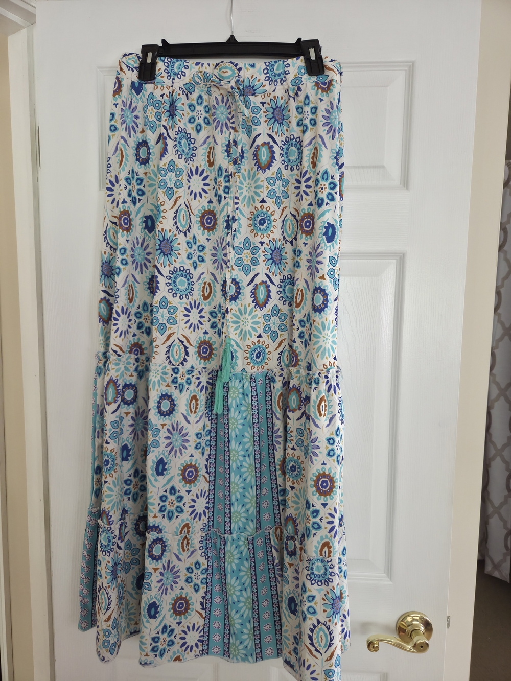 Floral Tile Print Maxi Skirt in Blue and Aqua Xl Fits Like L 12